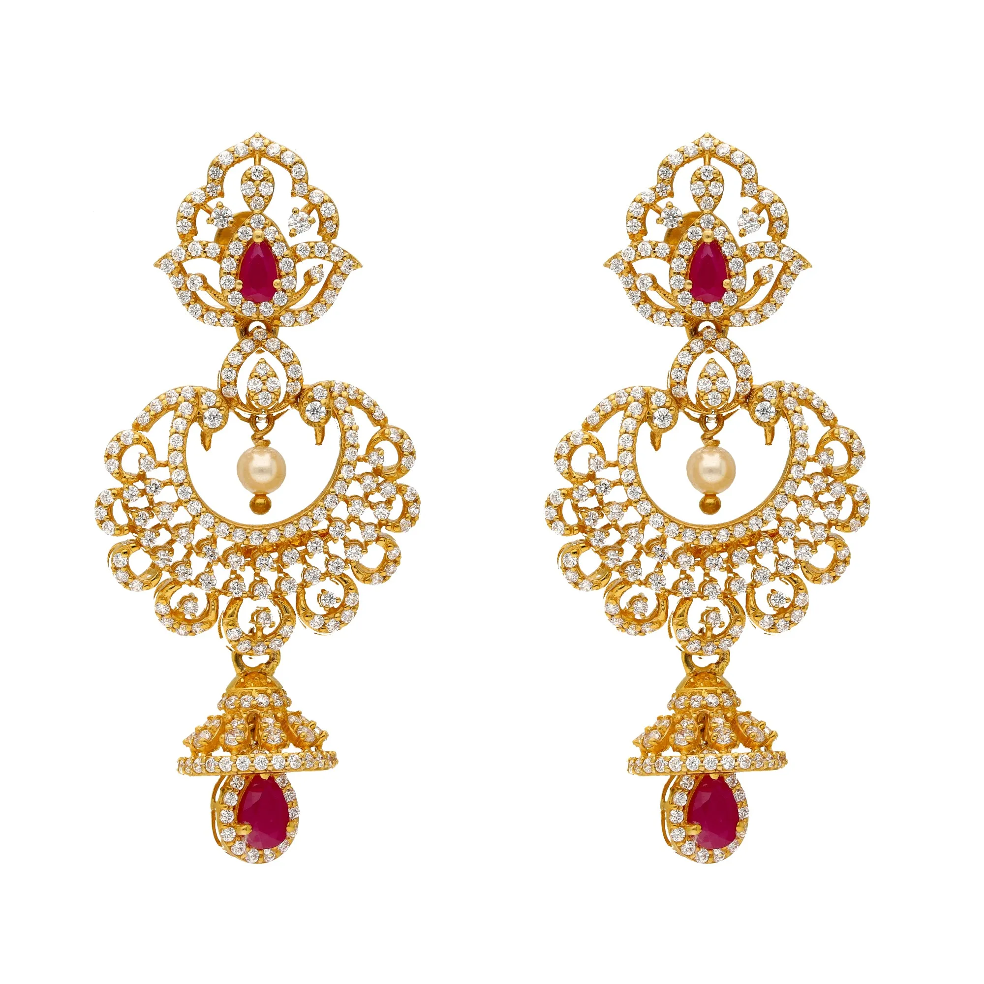 22K Yellow Gold, Ruby, Pearls and CZ Earrings (25.2 grams)