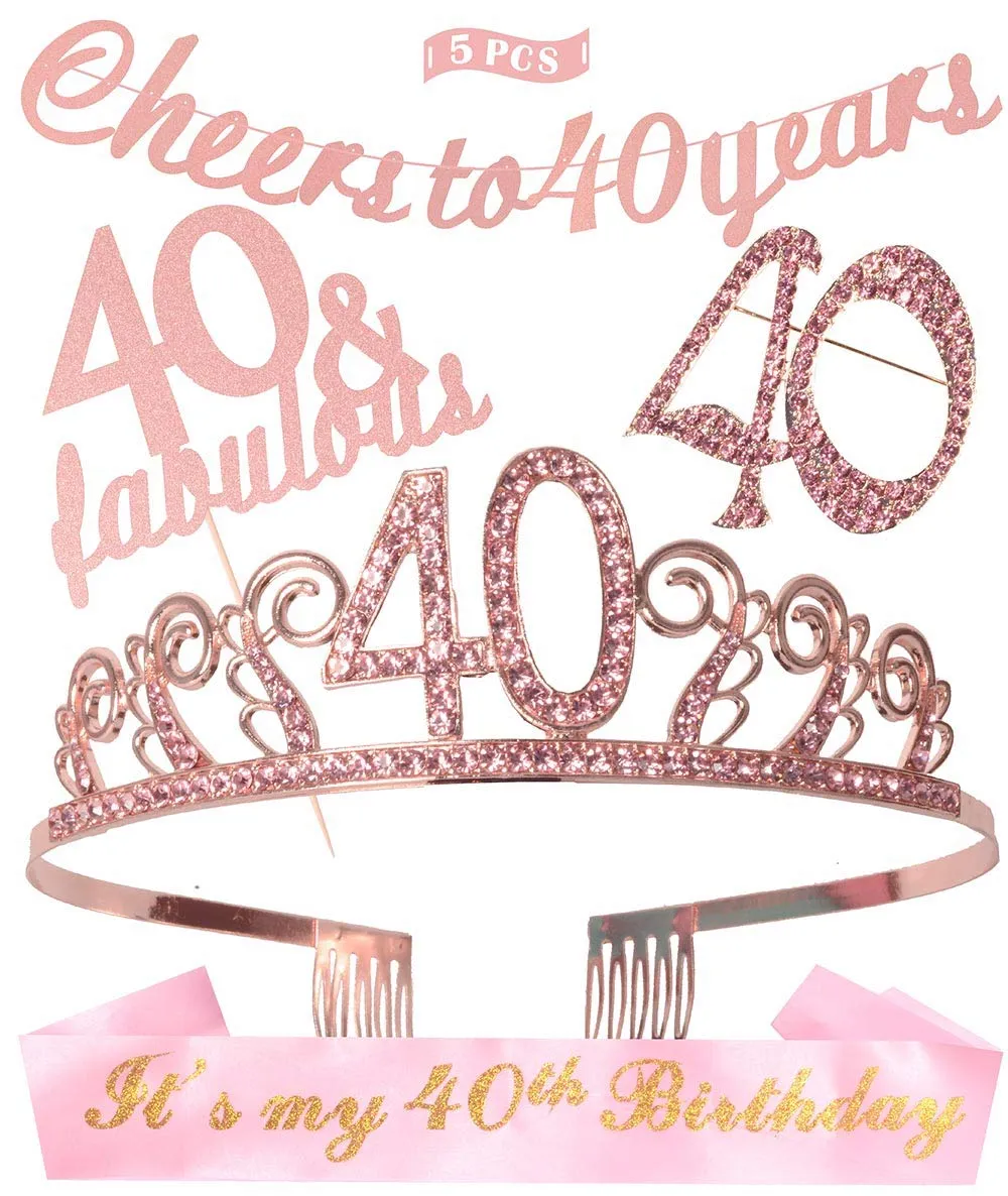 40th Birthday Decorations Women, 40th Birthday Tiara/Crown, 40th Birthday Sash, Pink