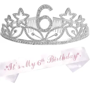 6th Birthday Gifts for Girl, 6th Birthday Tiara and Sash Silver, Happy 6th Birthday Party