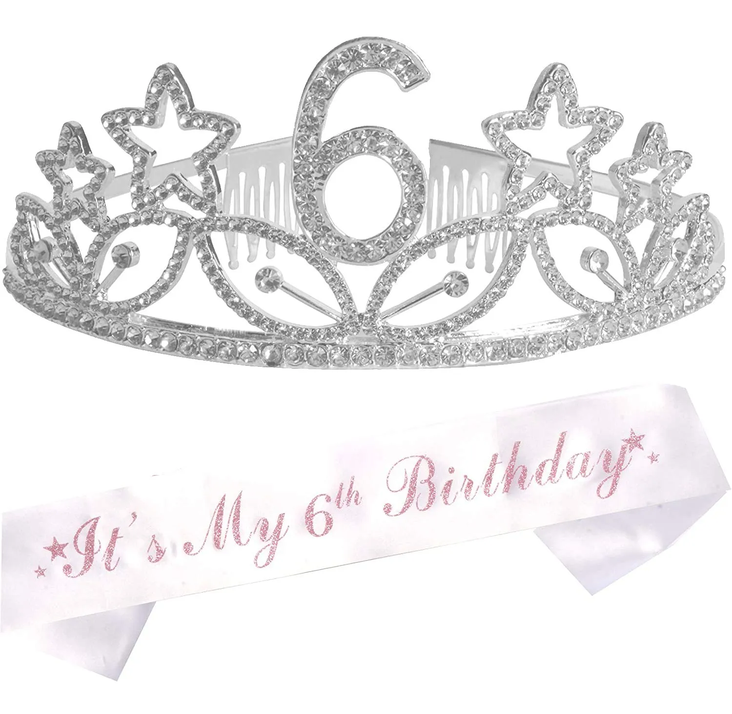 6th Birthday Gifts for Girl, 6th Birthday Tiara and Sash Silver, Happy 6th Birthday Party