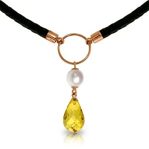 7.5 Carat 14K Solid Rose Gold Leather Necklace Pearl Citrine