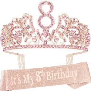 8th Birthday,8th Birthday Decorations for Girls,8 Birthday Crown,8th Birthday Sash,8