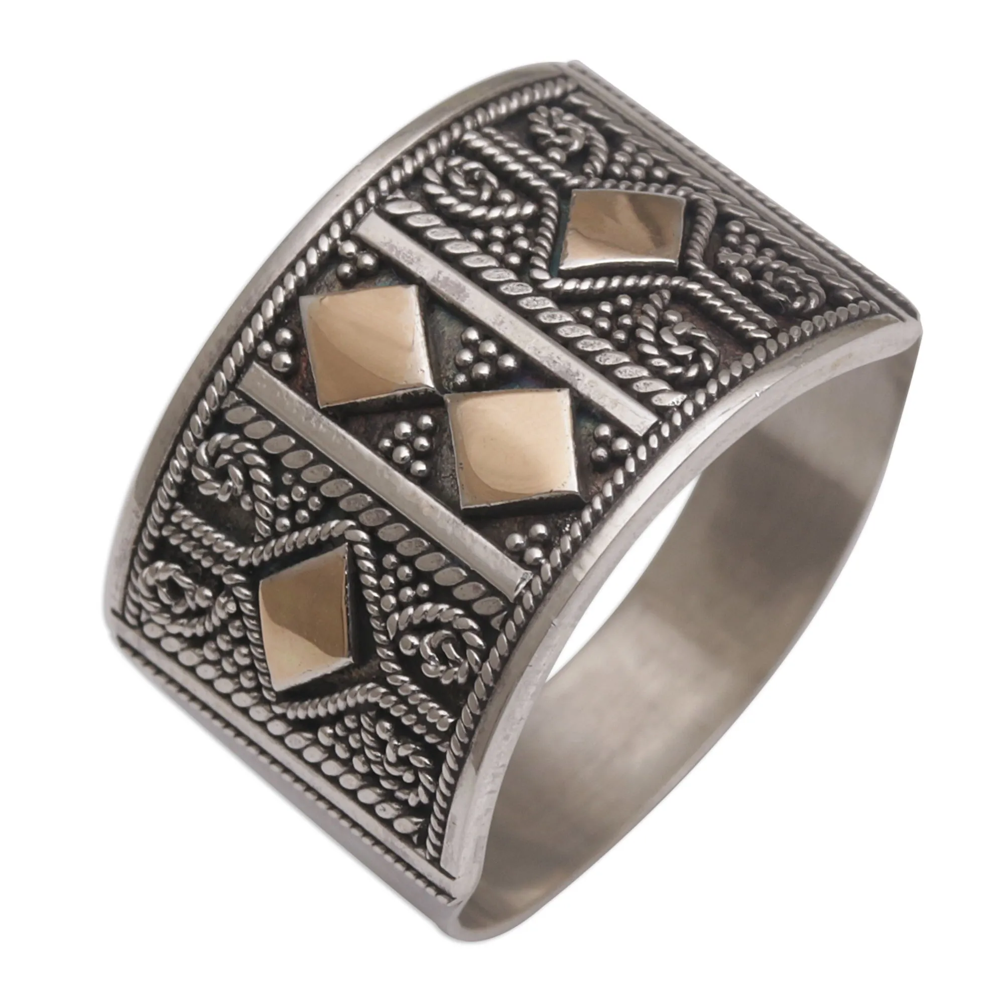 Ancient Enigma Handmade Sterling Silver Band Ring with 18k Gold Accent