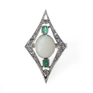 Antique Art Deco Silver Opal Emerald & Sapphire Cocktail Ring