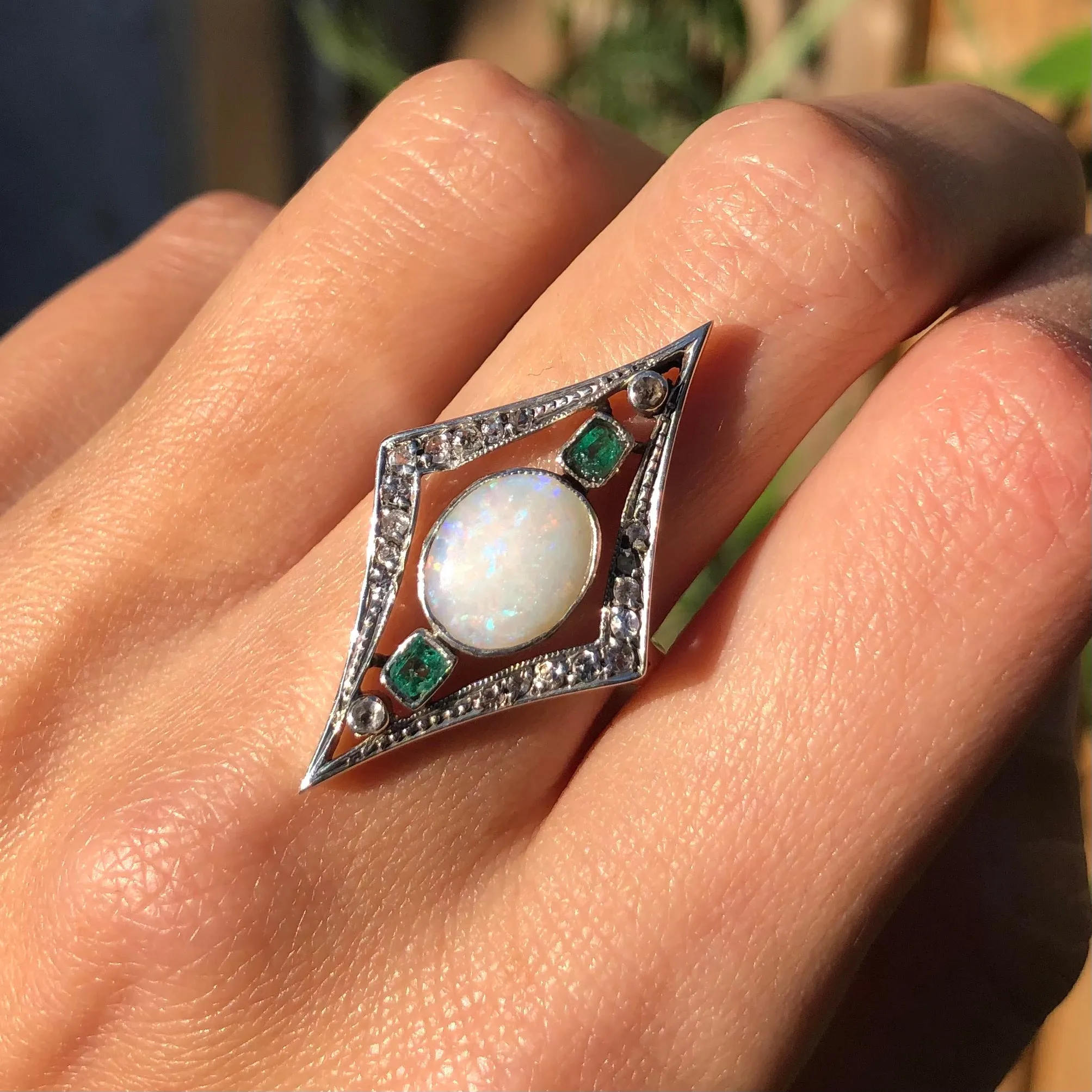 Antique Art Deco Silver Opal Emerald & Sapphire Cocktail Ring