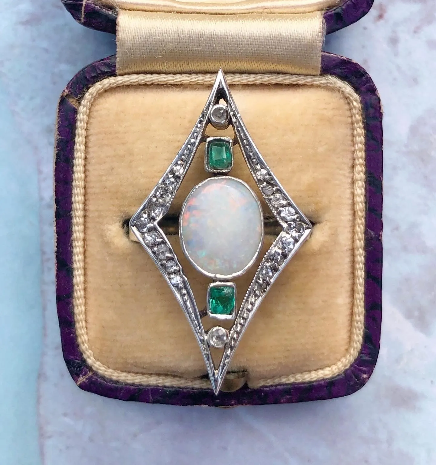 Antique Art Deco Silver Opal Emerald & Sapphire Cocktail Ring