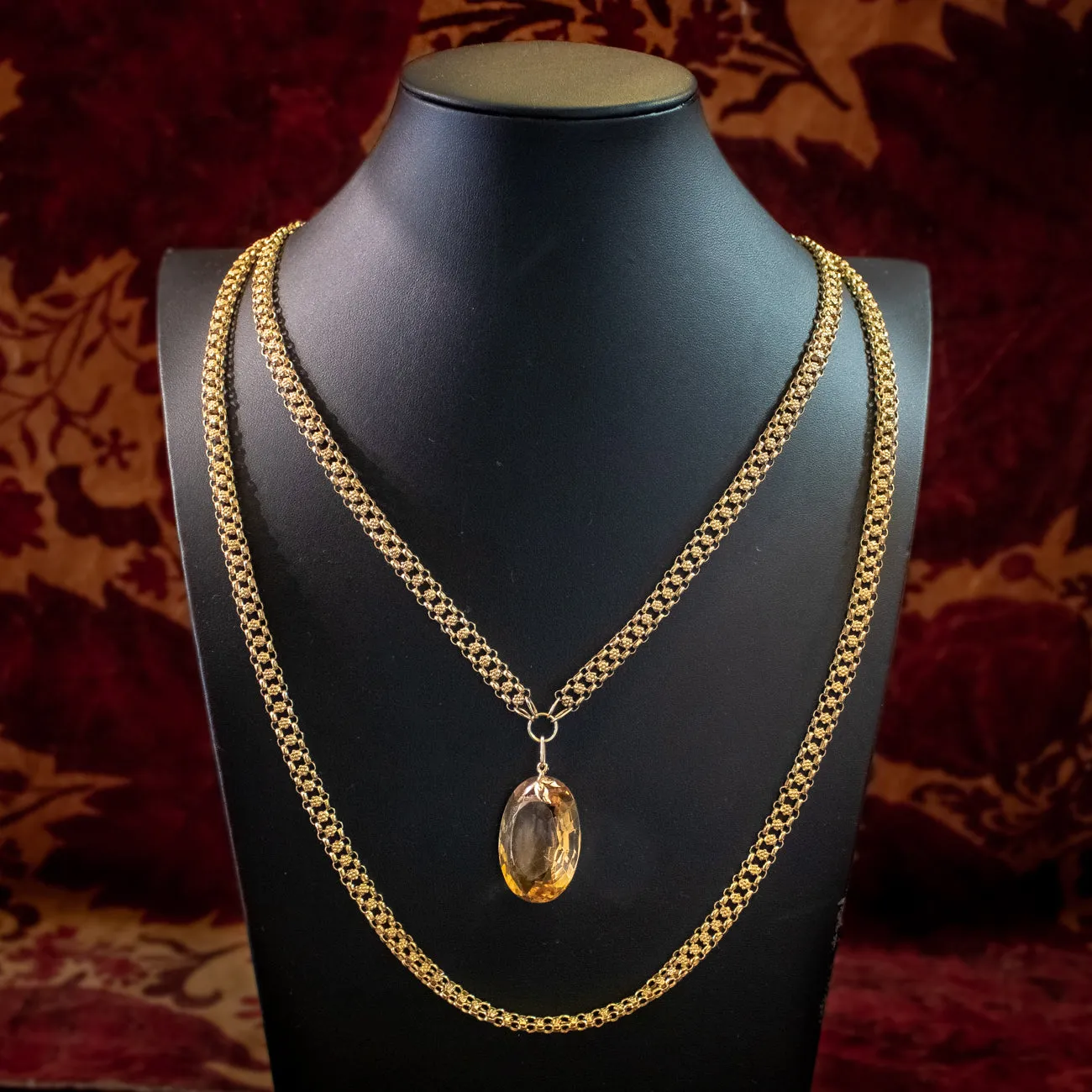 Antique Georgian Citrine Pendant Chain Necklace 50ct Citrine