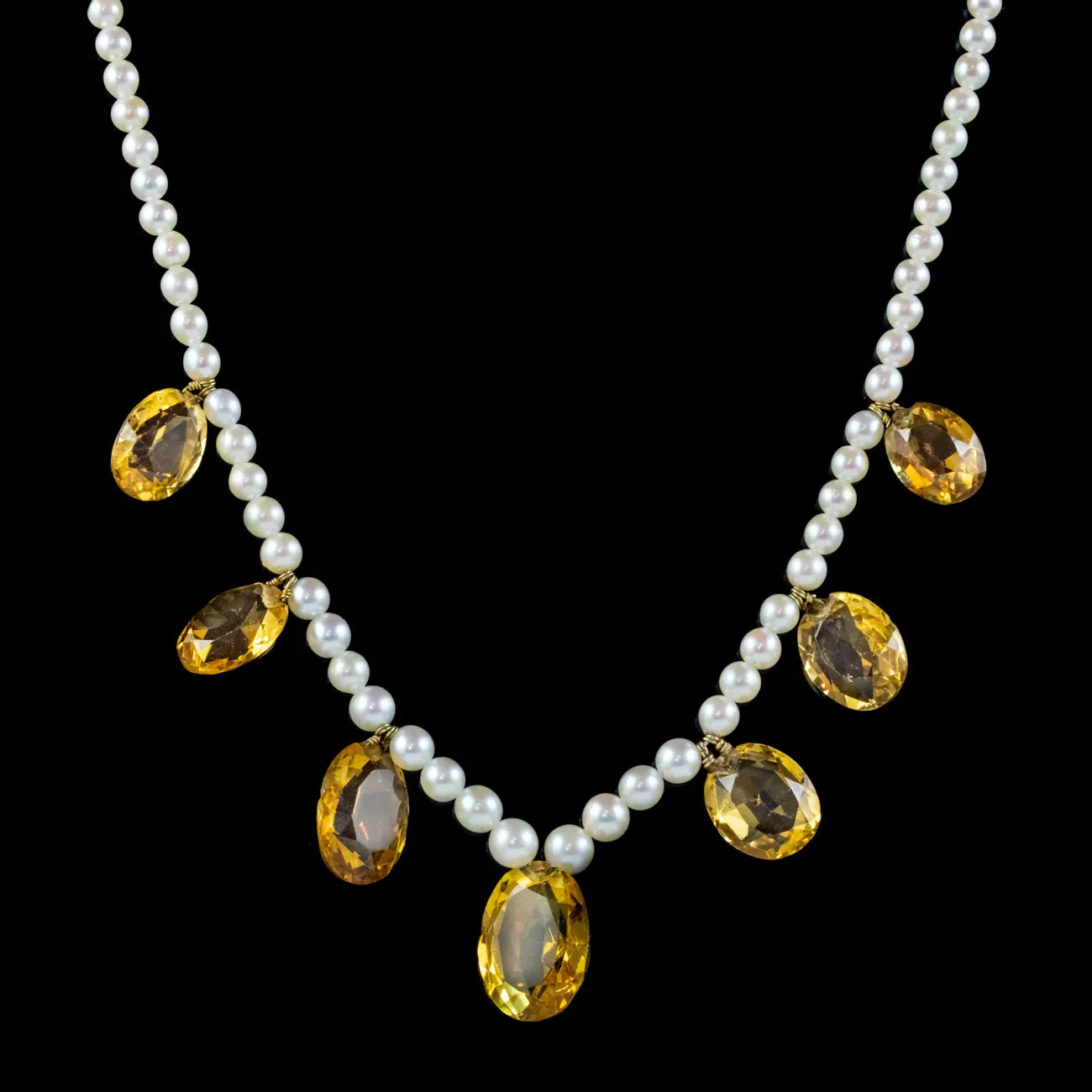 Antique Victorian Citrine Pearl Necklace Circa 1900