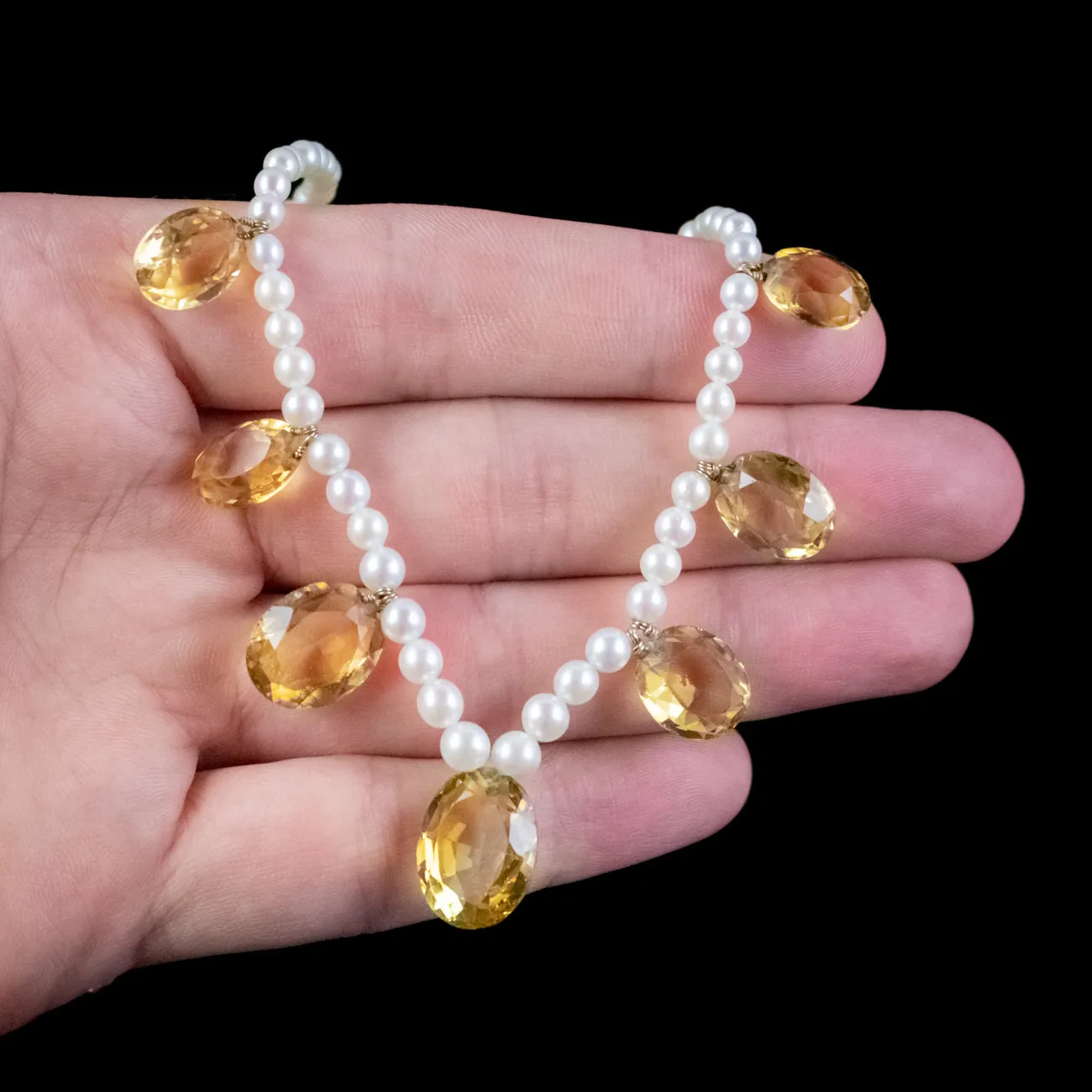 Antique Victorian Citrine Pearl Necklace Circa 1900