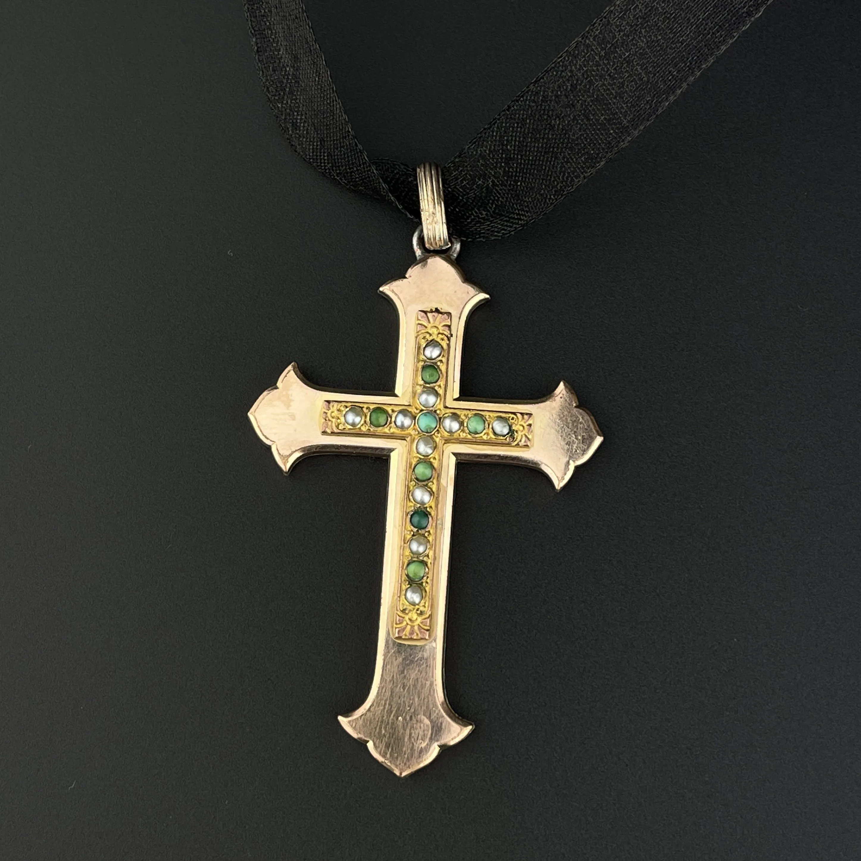 Antique Victorian Pearl Turquoise Cross Pendant