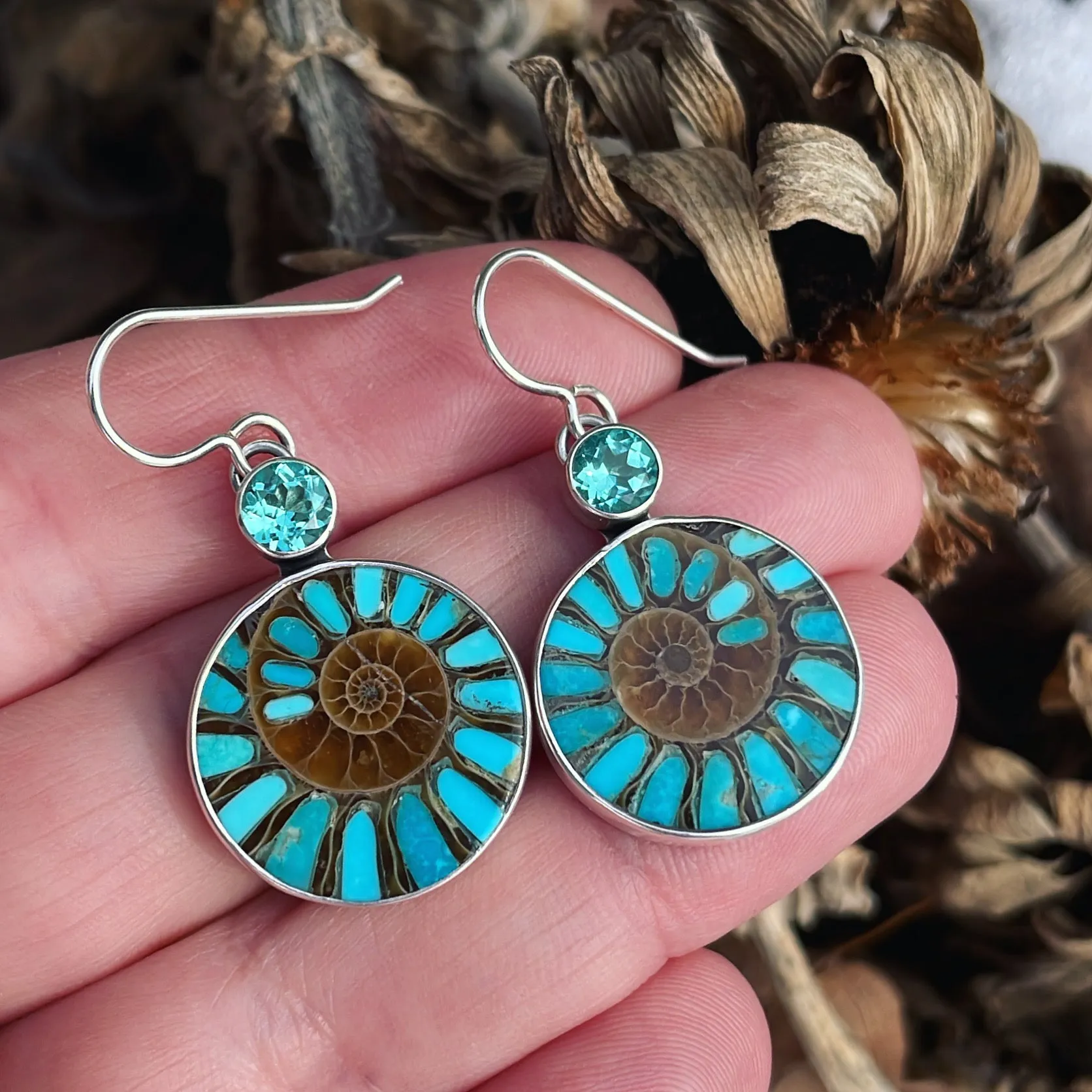 Apatite, Ammonite with Turquoise Inlay and Sterling Silver Earrings