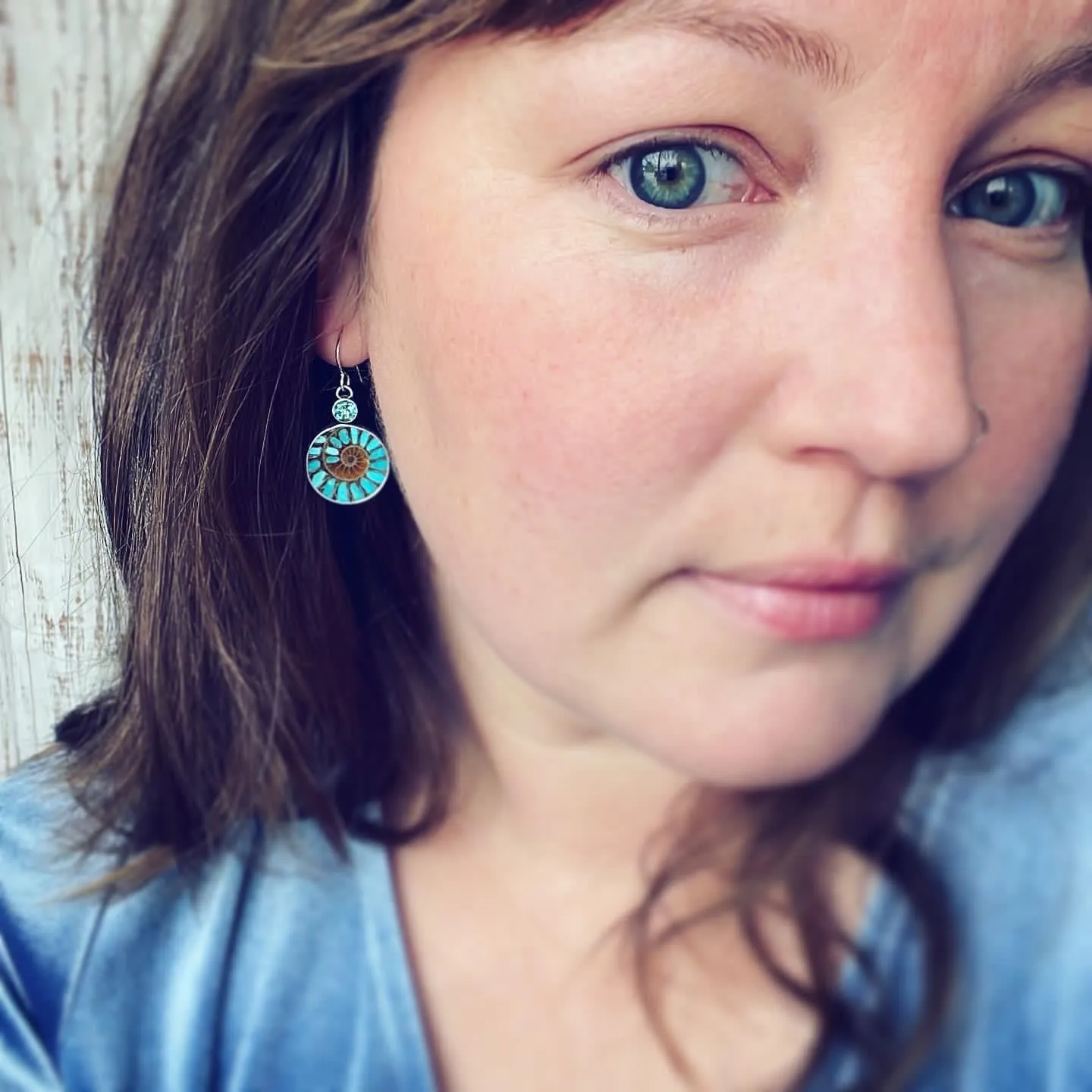 Apatite, Ammonite with Turquoise Inlay and Sterling Silver Earrings