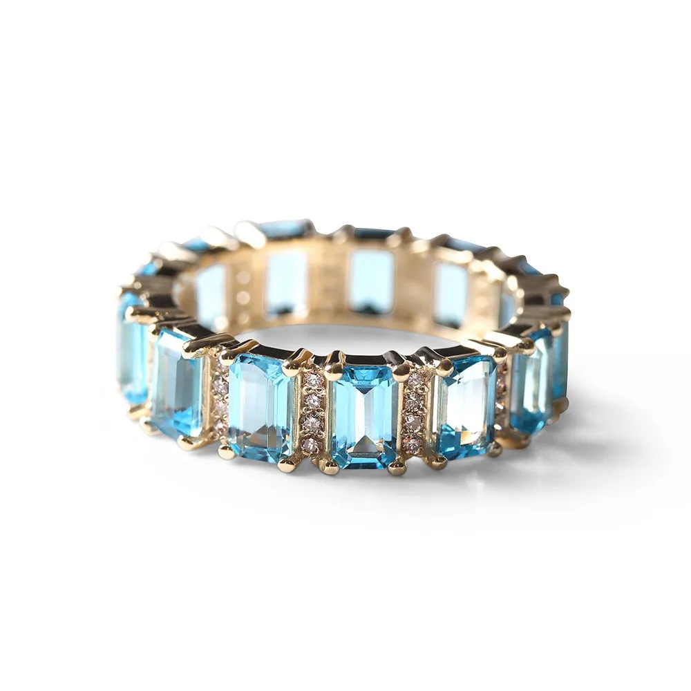 AQUAMARINE AND DIAMOND EMERALD CUT ETERNITY BAND