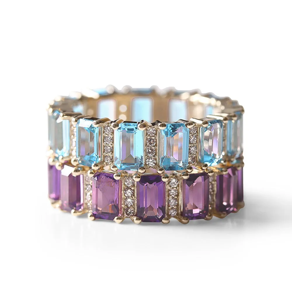 AQUAMARINE AND DIAMOND EMERALD CUT ETERNITY BAND