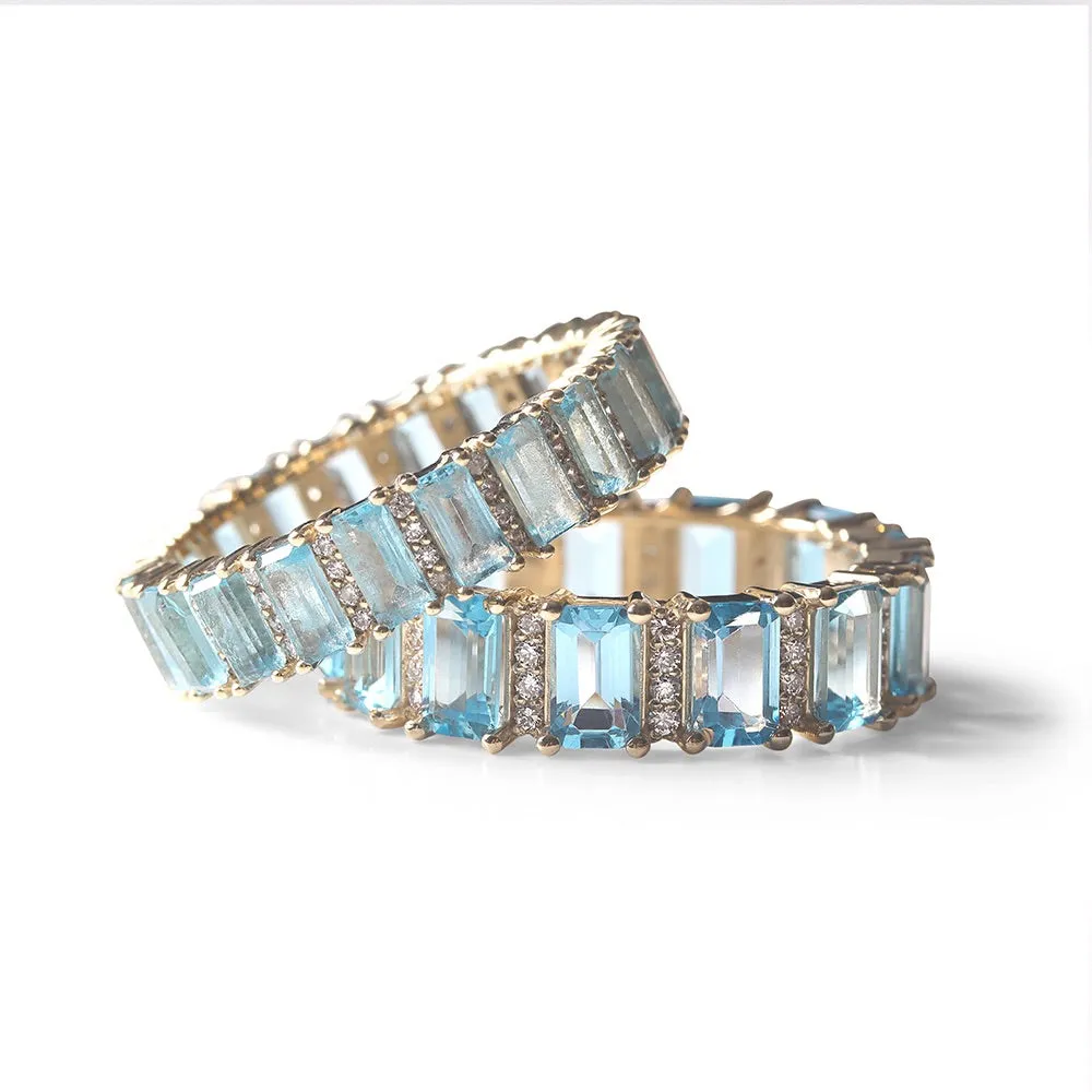 AQUAMARINE AND DIAMOND EMERALD CUT ETERNITY BAND