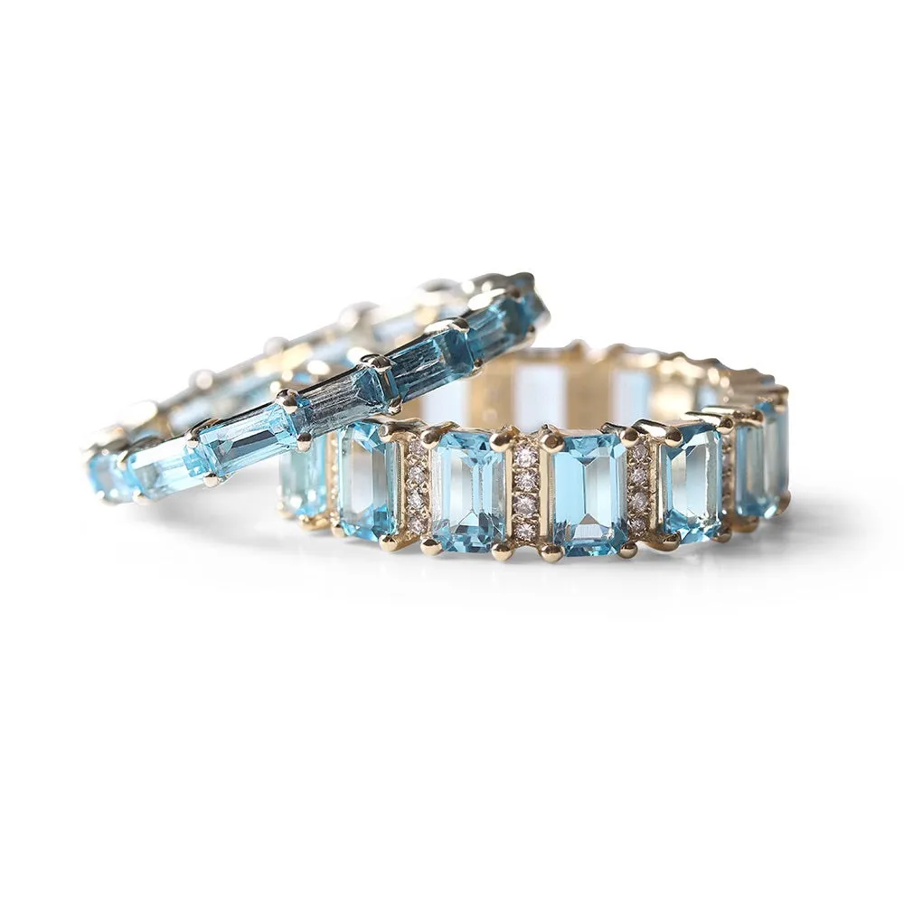 AQUAMARINE AND DIAMOND EMERALD CUT ETERNITY BAND