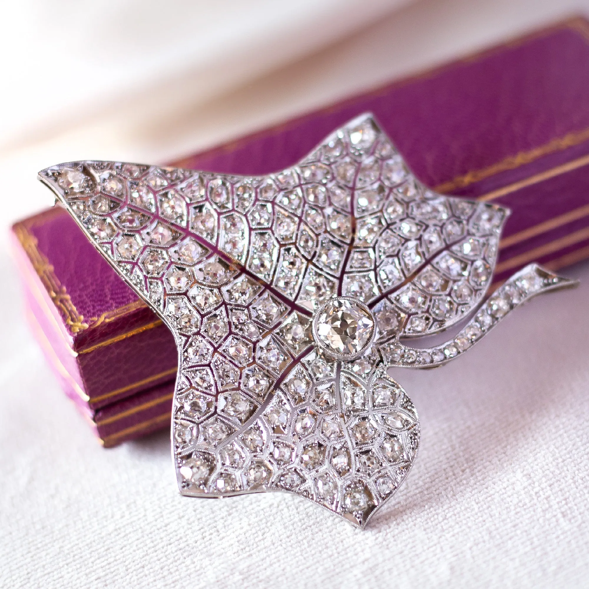 Art Deco 7.25 CTW Old Mine Cut Diamond Maple Leaf Brooch