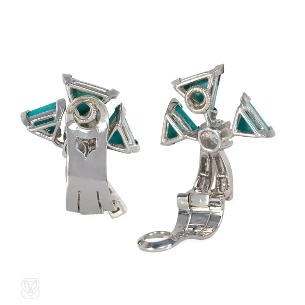 Art Deco turquoise and diamond bow motif earrings