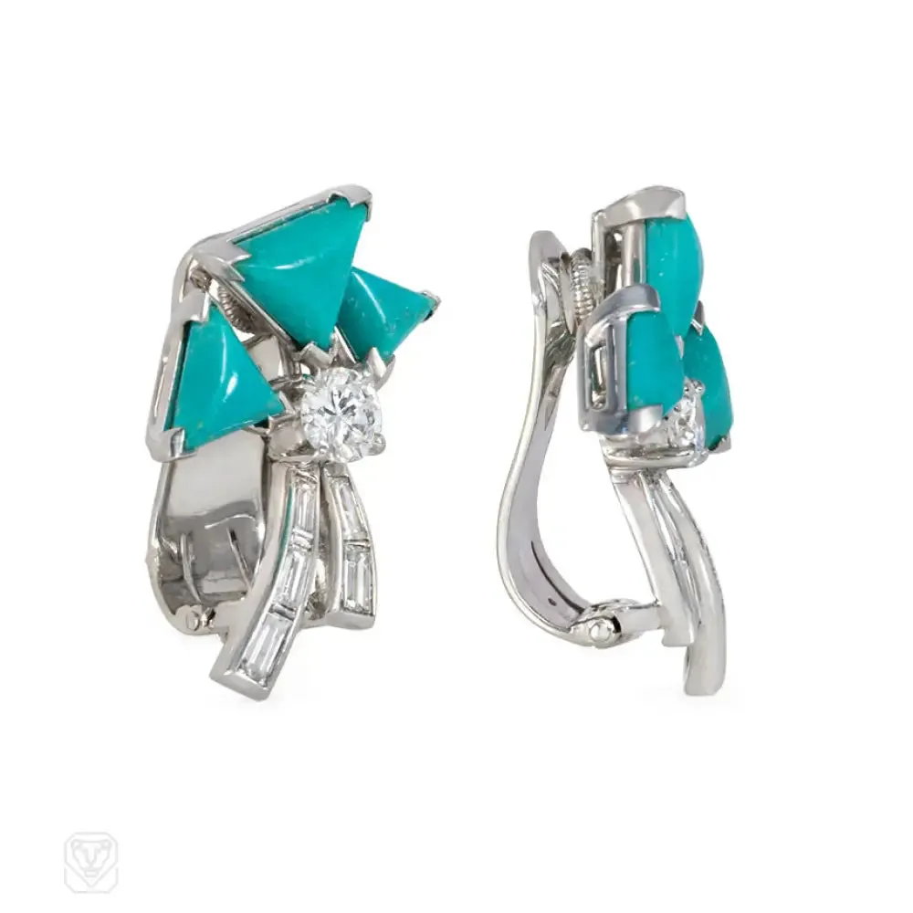 Art Deco turquoise and diamond bow motif earrings