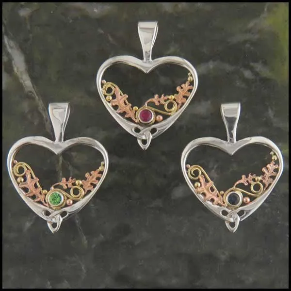 Autumn's Heart and Oak Leaf Pendant in Silver and Gold