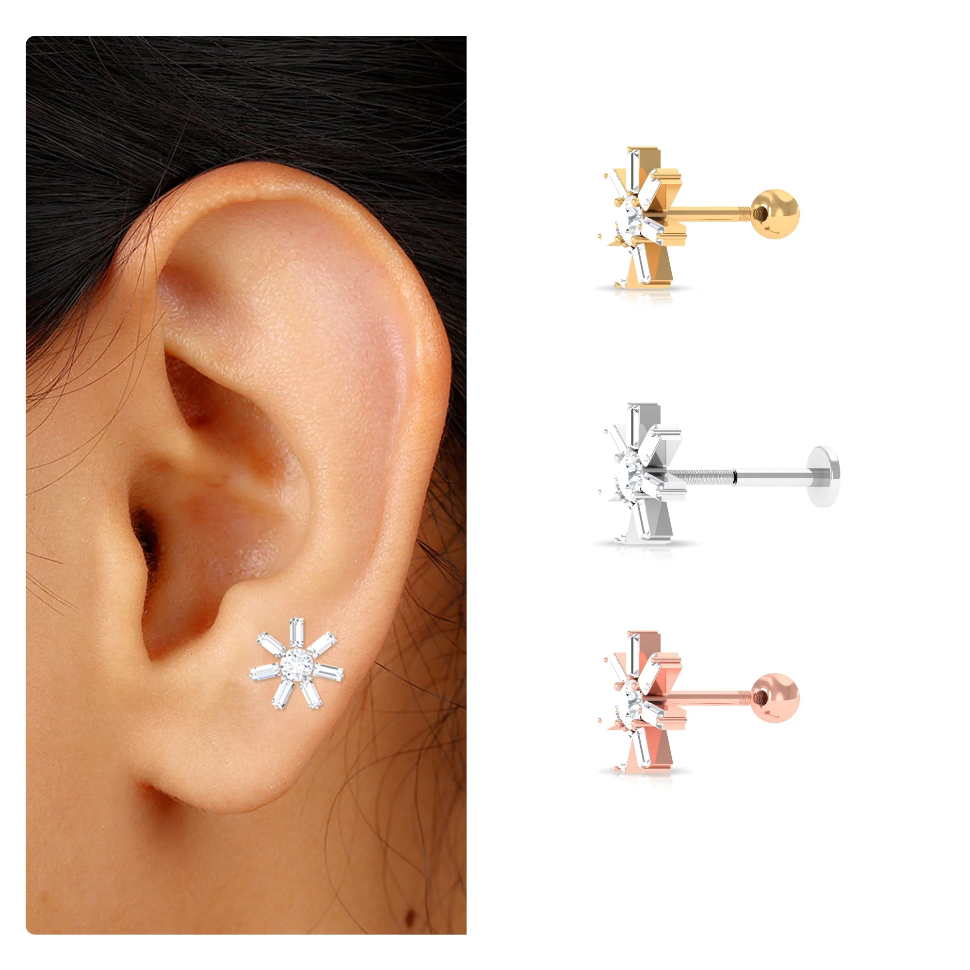 Baguette Moissanite Flower Earring for Upper Lobe Piercing