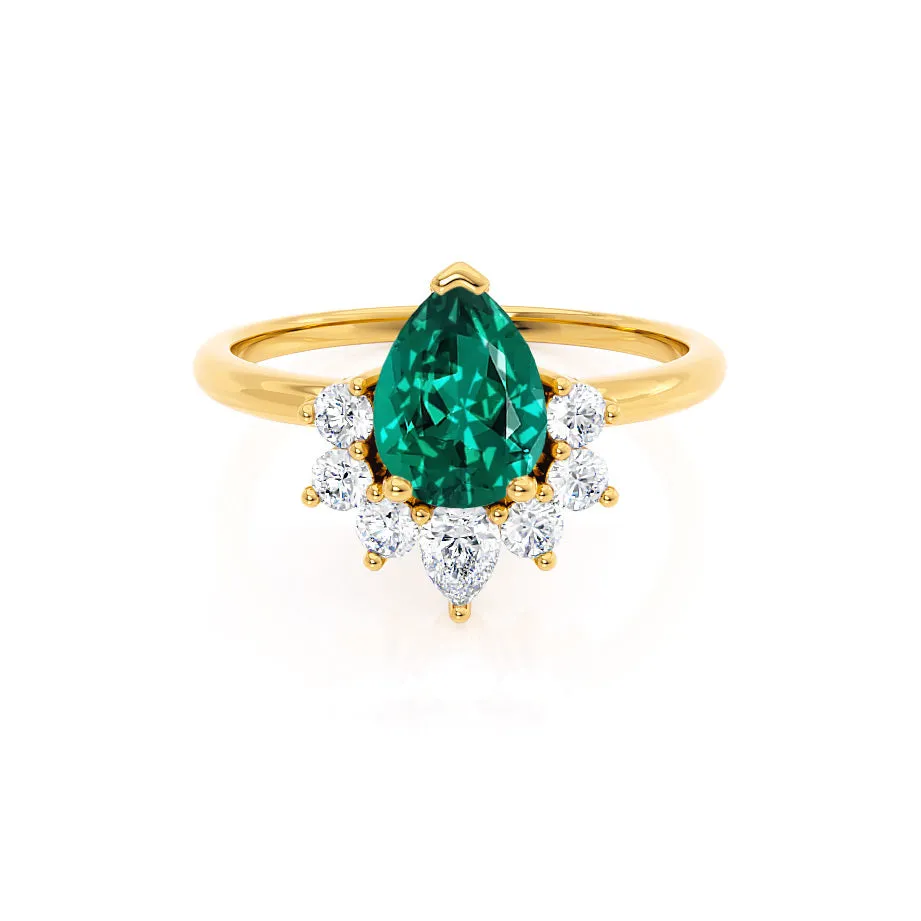 BALLET - Chatham® Pear Emerald & Diamond Half Halo Tiara Ring 18k Yellow Gold