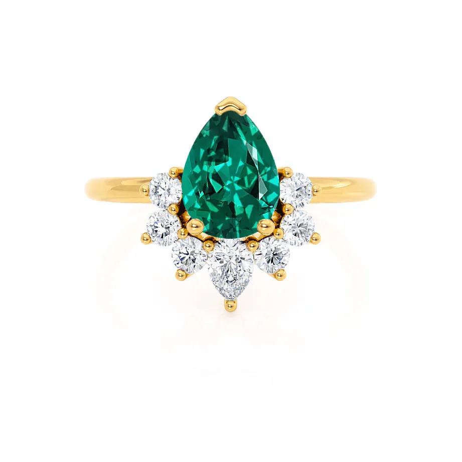 BALLET - Chatham® Pear Emerald & Diamond Half Halo Tiara Ring 18k Yellow Gold