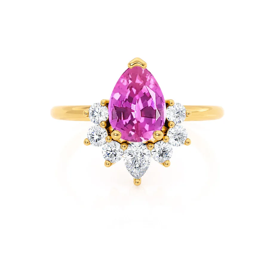 BALLET - Chatham® Pear Pink Sapphire & Diamond Half Halo Tiara Ring 18k Yellow Gold