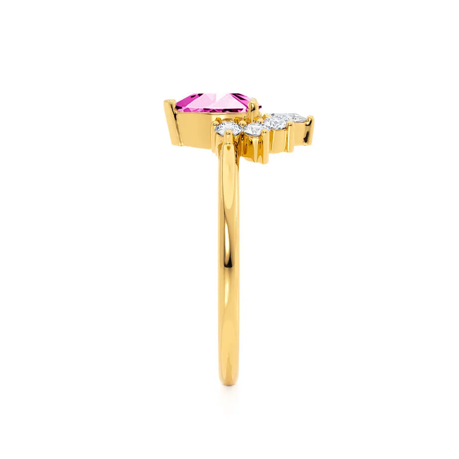 BALLET - Chatham® Pear Pink Sapphire & Diamond Half Halo Tiara Ring 18k Yellow Gold