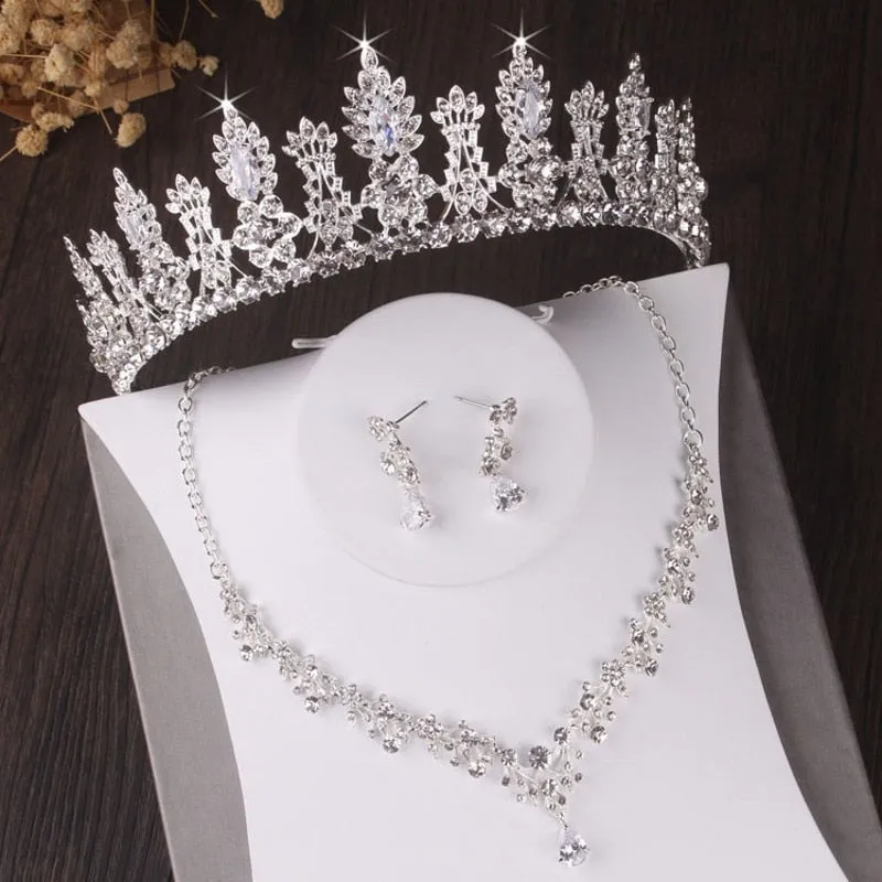 Baroque Luxury Floral Artistry Crystal Bridal Rhinestone Tiara-Crown-Necklace Earrings Set