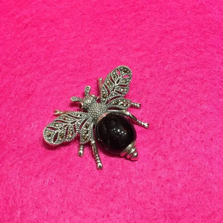 Bee Brooch Silver Marcasite Black Onyx