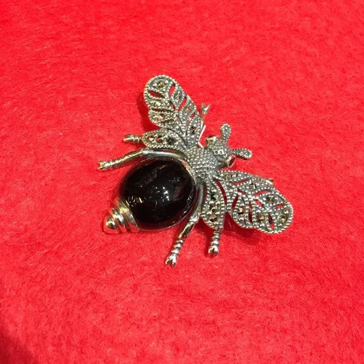 Bee Brooch Silver Marcasite Black Onyx