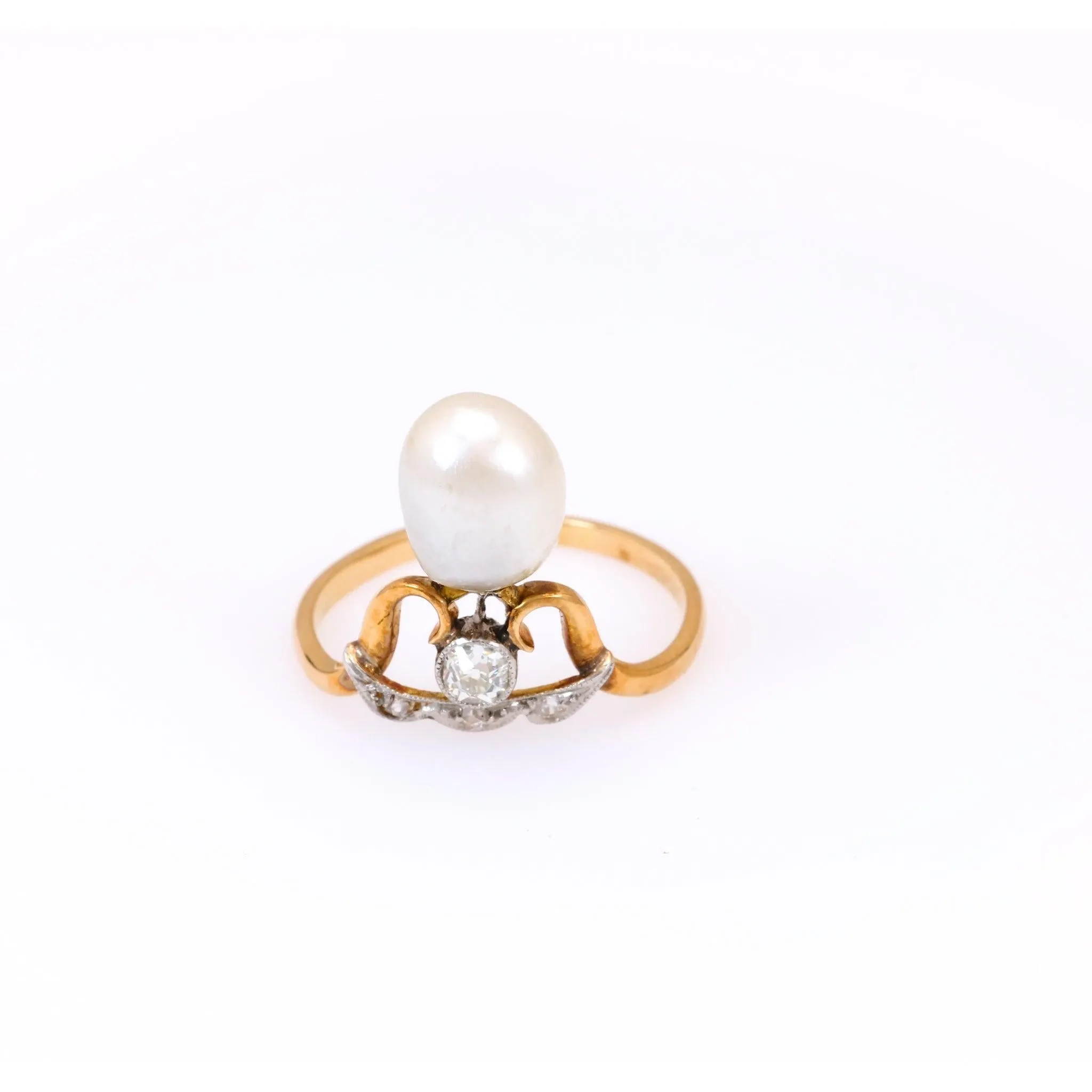 Belle Époque French Pearl and Diamond 18k Yellow Gold Platinum Tiara Ring