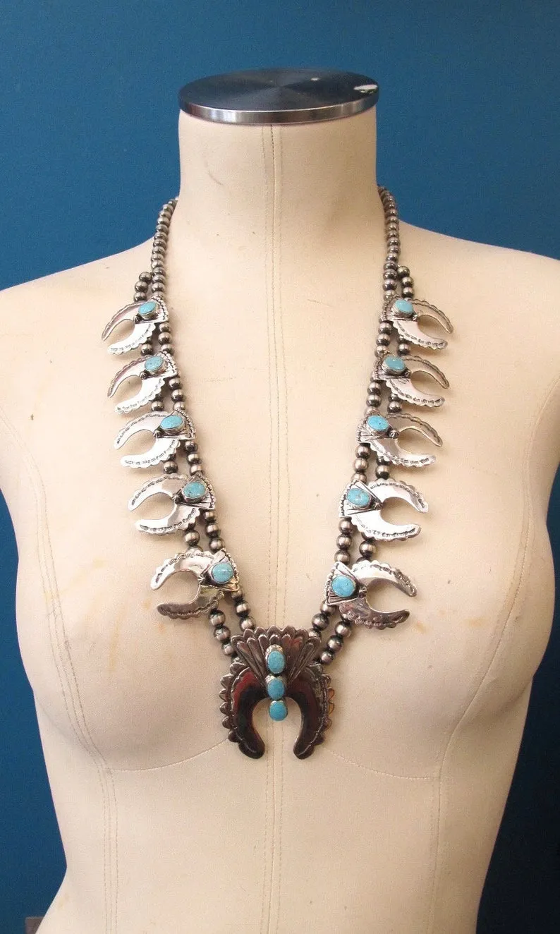 BEST OF THE WEST Silver and Turquoise Naja Squash Blossom Necklace