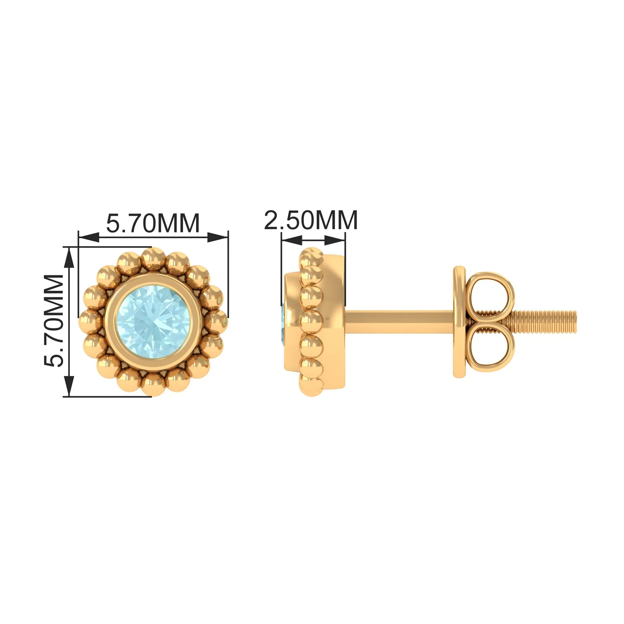 Bezel Set Sky Blue Topaz and Gold Beaded Stud Earrings