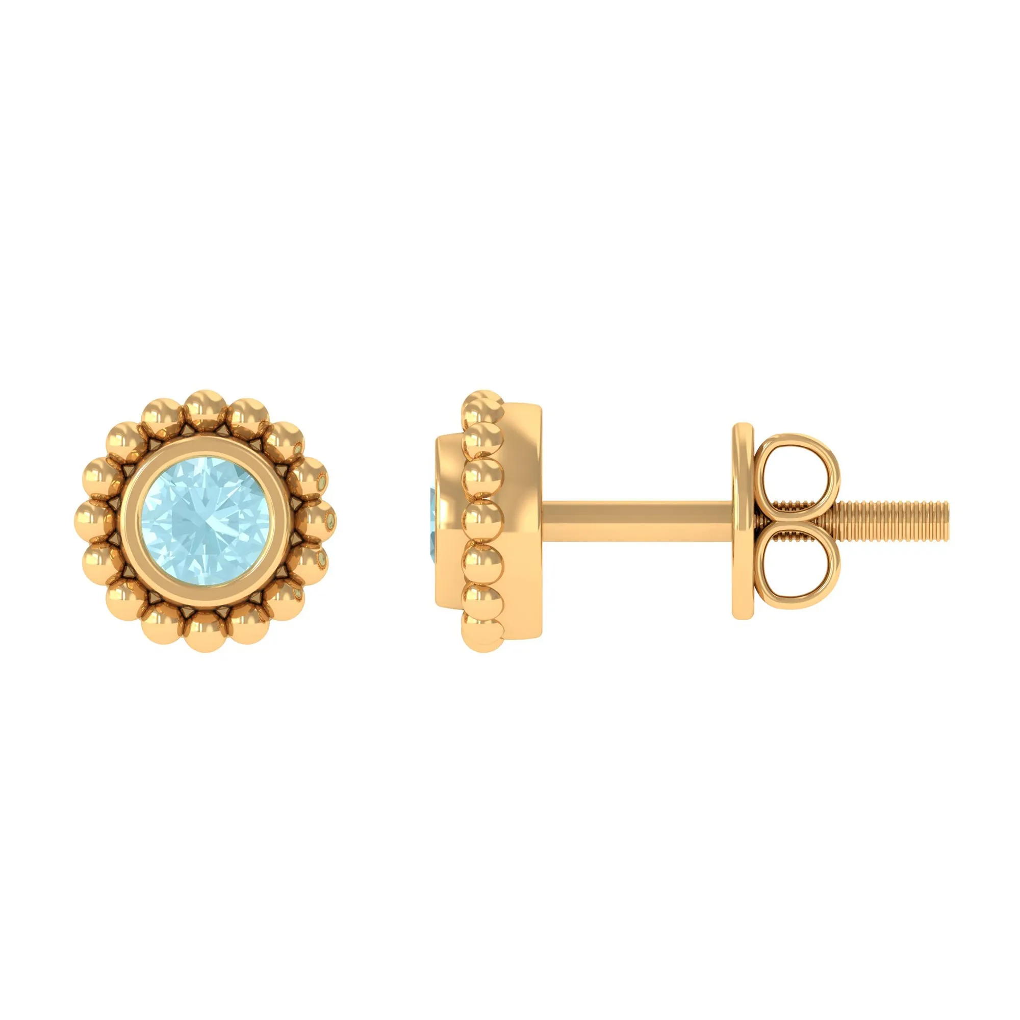 Bezel Set Sky Blue Topaz and Gold Beaded Stud Earrings