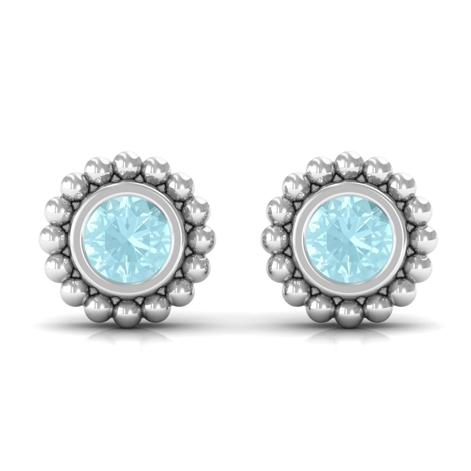 Bezel Set Sky Blue Topaz and Gold Beaded Stud Earrings