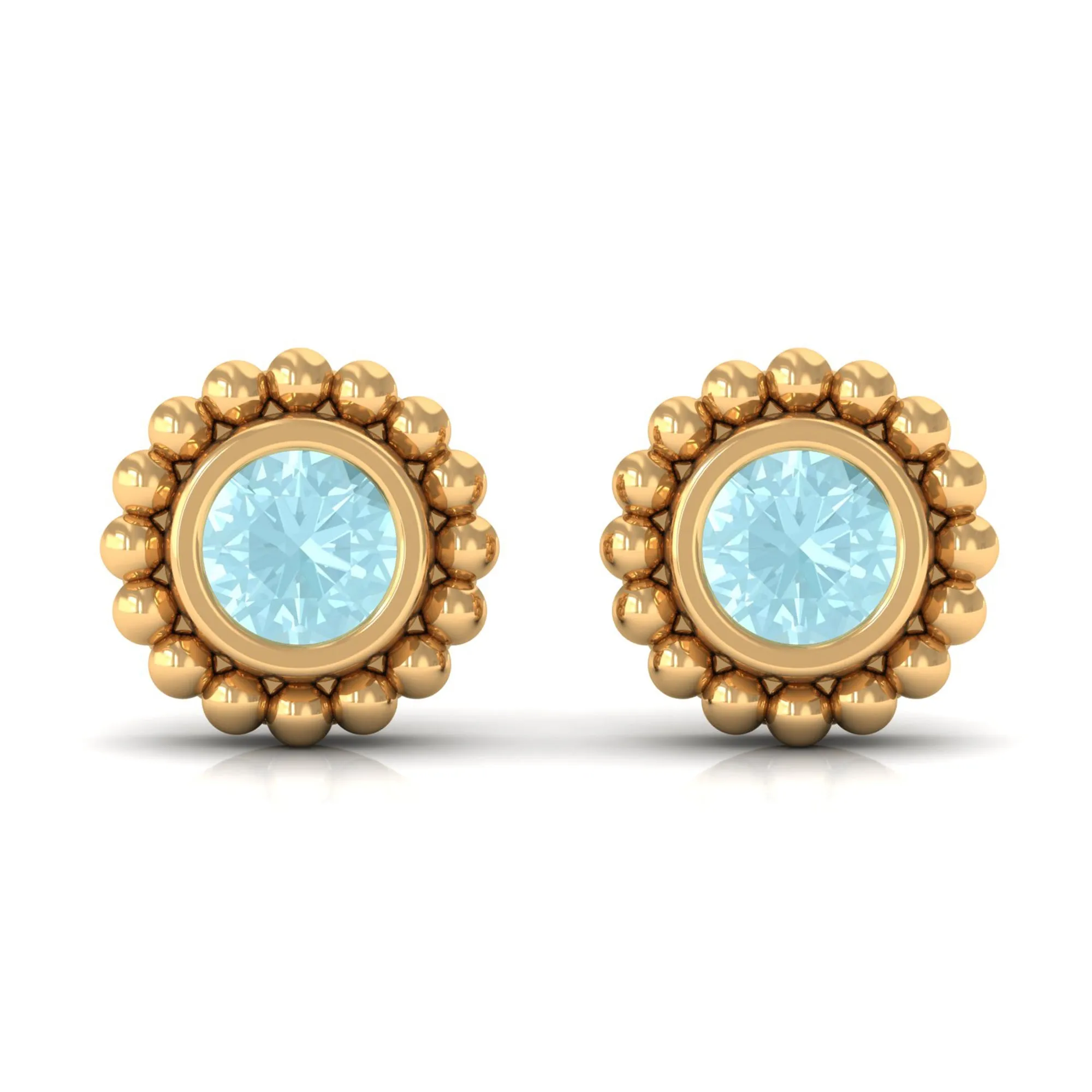 Bezel Set Sky Blue Topaz and Gold Beaded Stud Earrings