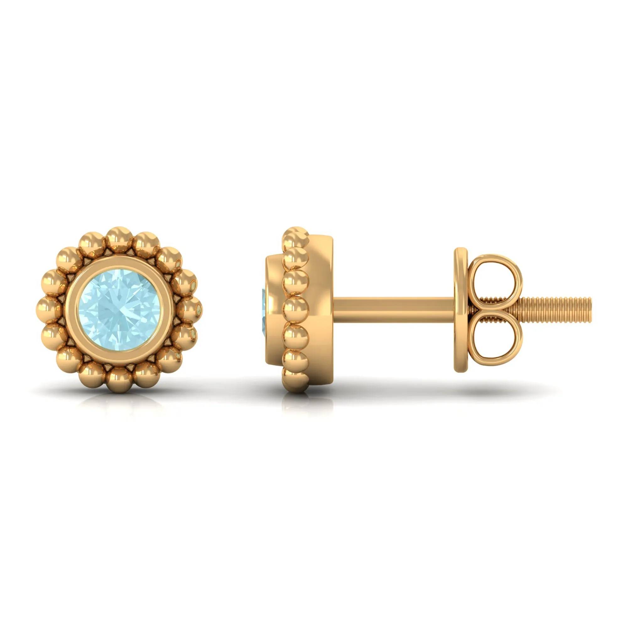 Bezel Set Sky Blue Topaz and Gold Beaded Stud Earrings