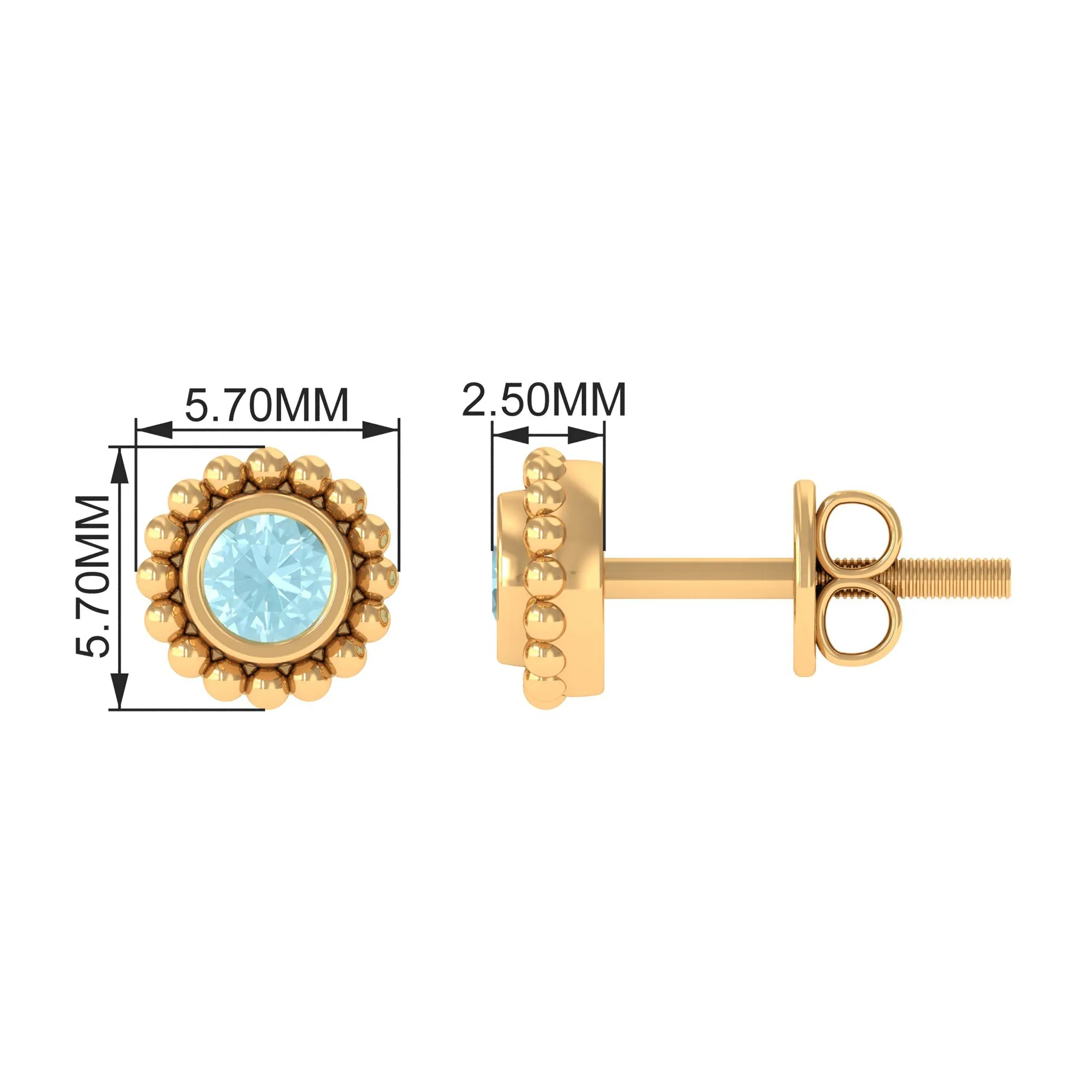 Bezel Set Sky Blue Topaz and Gold Beaded Stud Earrings