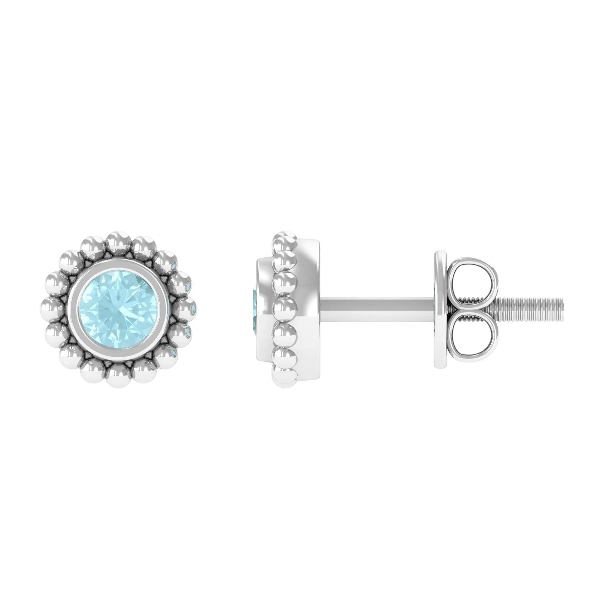 Bezel Set Sky Blue Topaz and Gold Beaded Stud Earrings