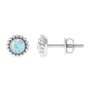 Bezel Set Sky Blue Topaz and Gold Beaded Stud Earrings