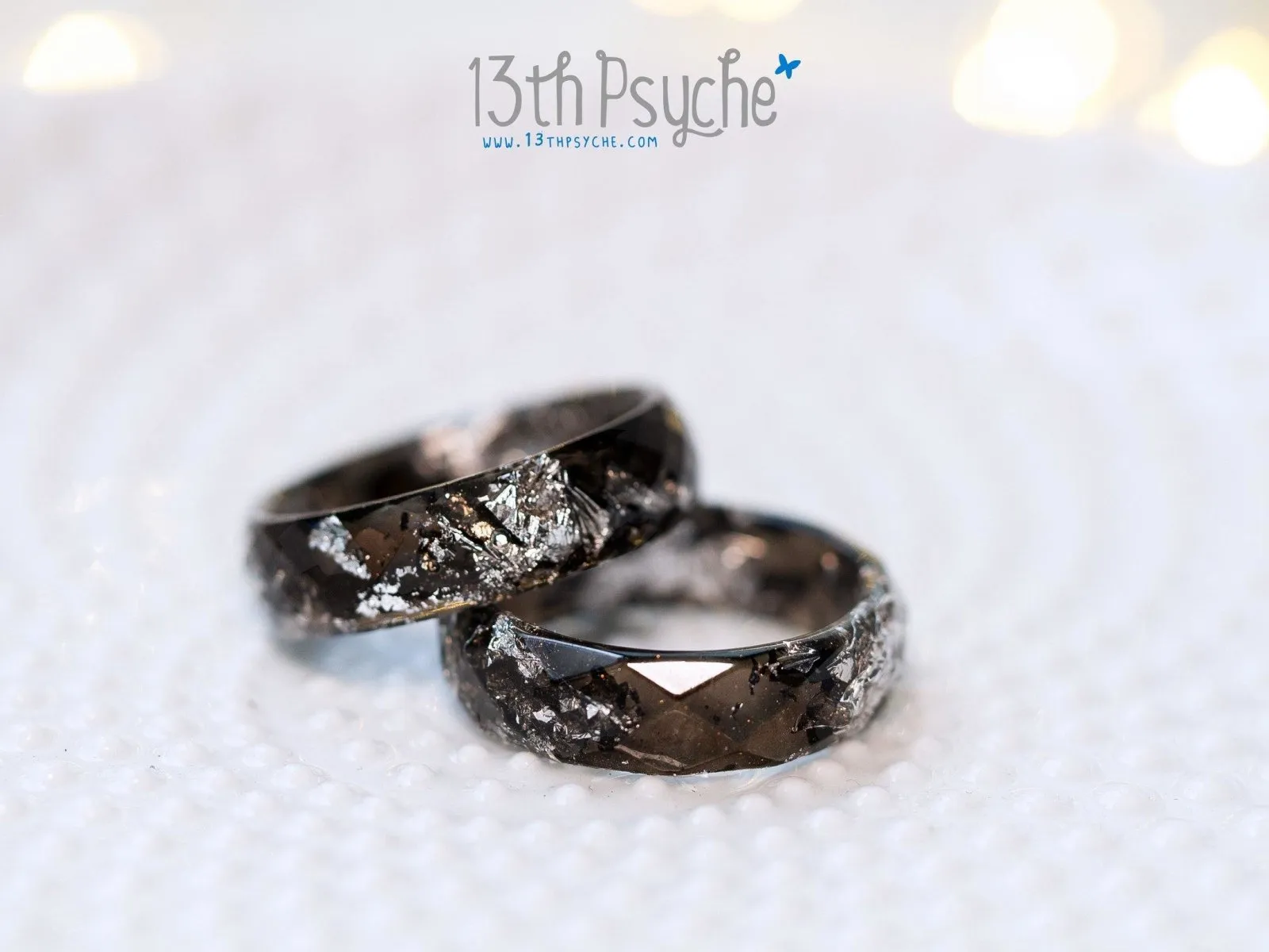 Black and silver flakes faceted resin ring