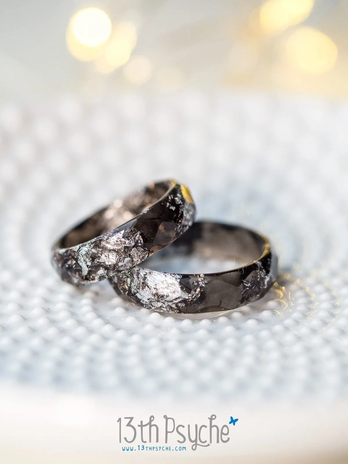 Black and silver flakes faceted resin ring