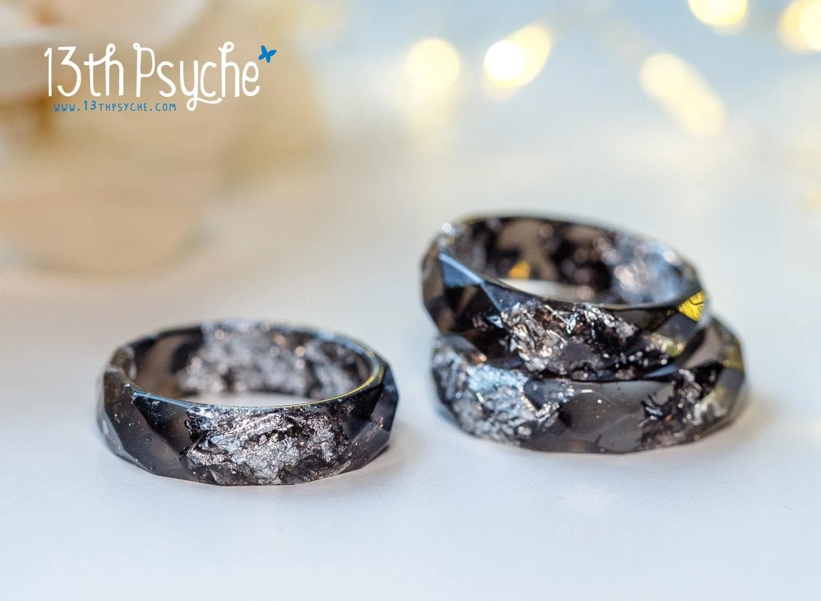 Black and silver flakes faceted resin ring