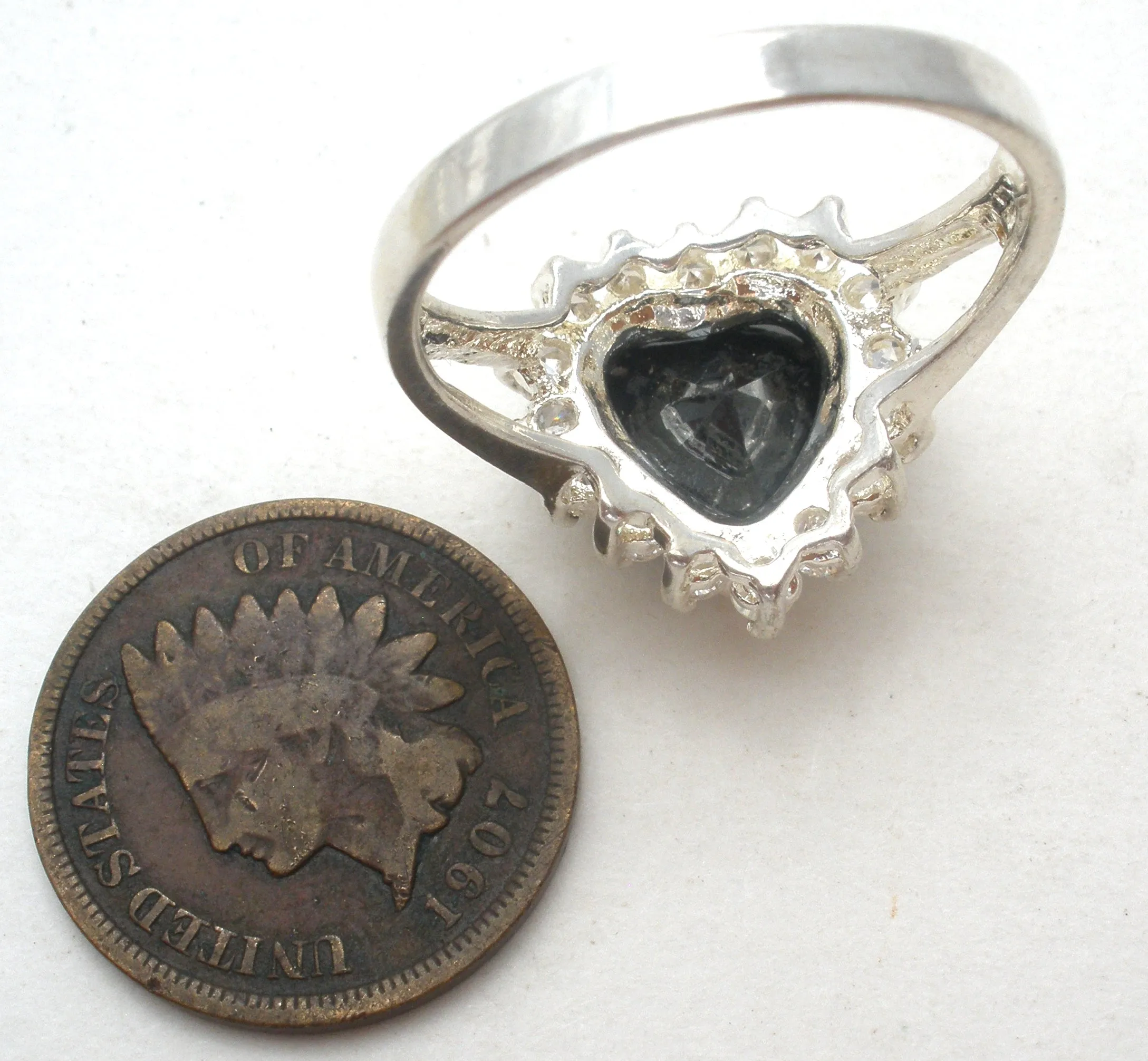 Black Heart CZ Halo Ring Sterling Silver Size 8