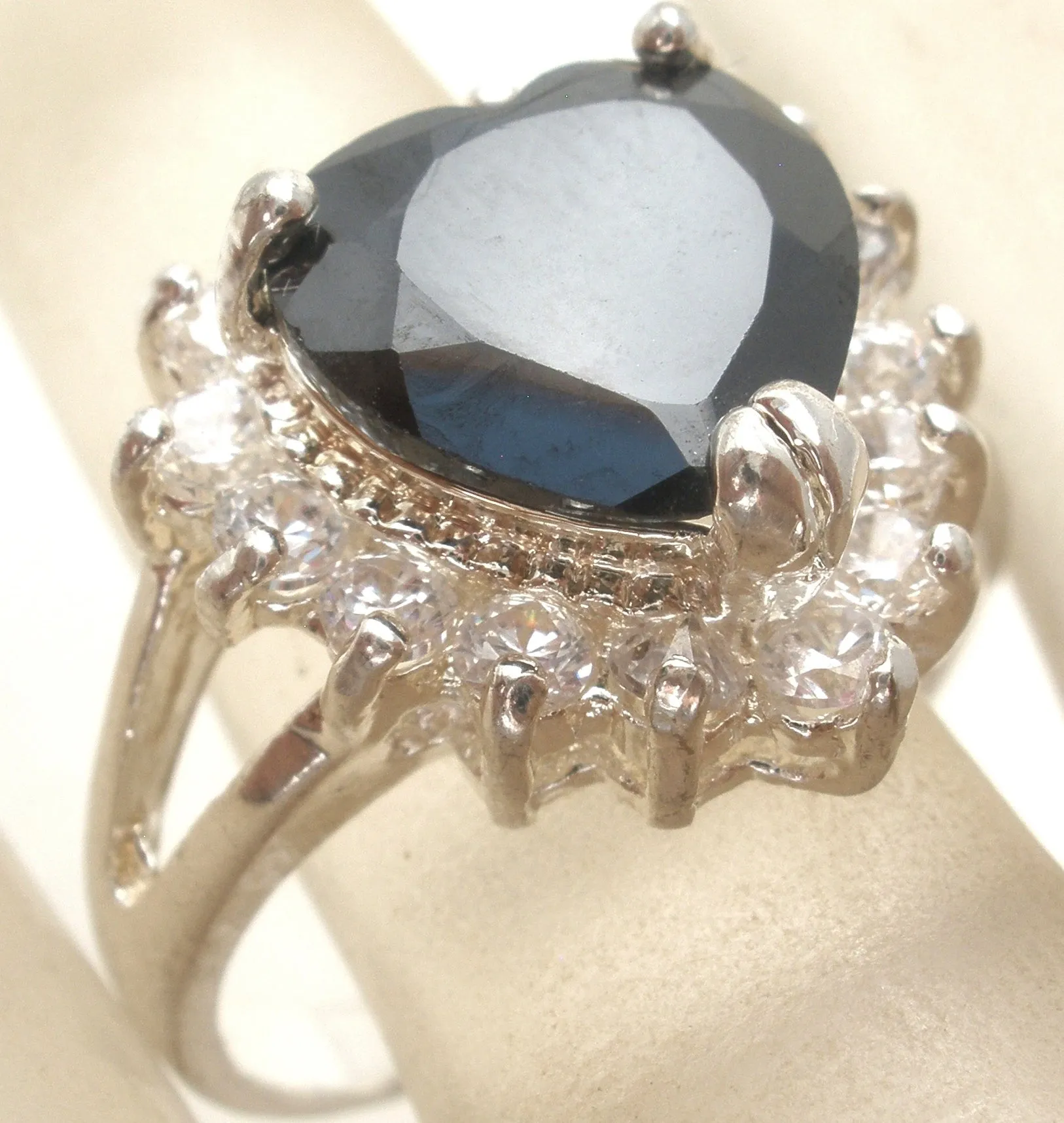 Black Heart CZ Halo Ring Sterling Silver Size 8