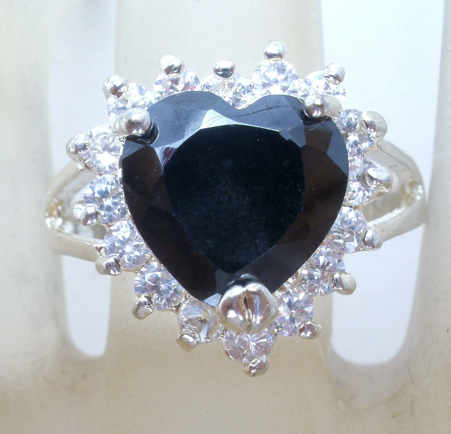 Black Heart CZ Halo Ring Sterling Silver Size 8