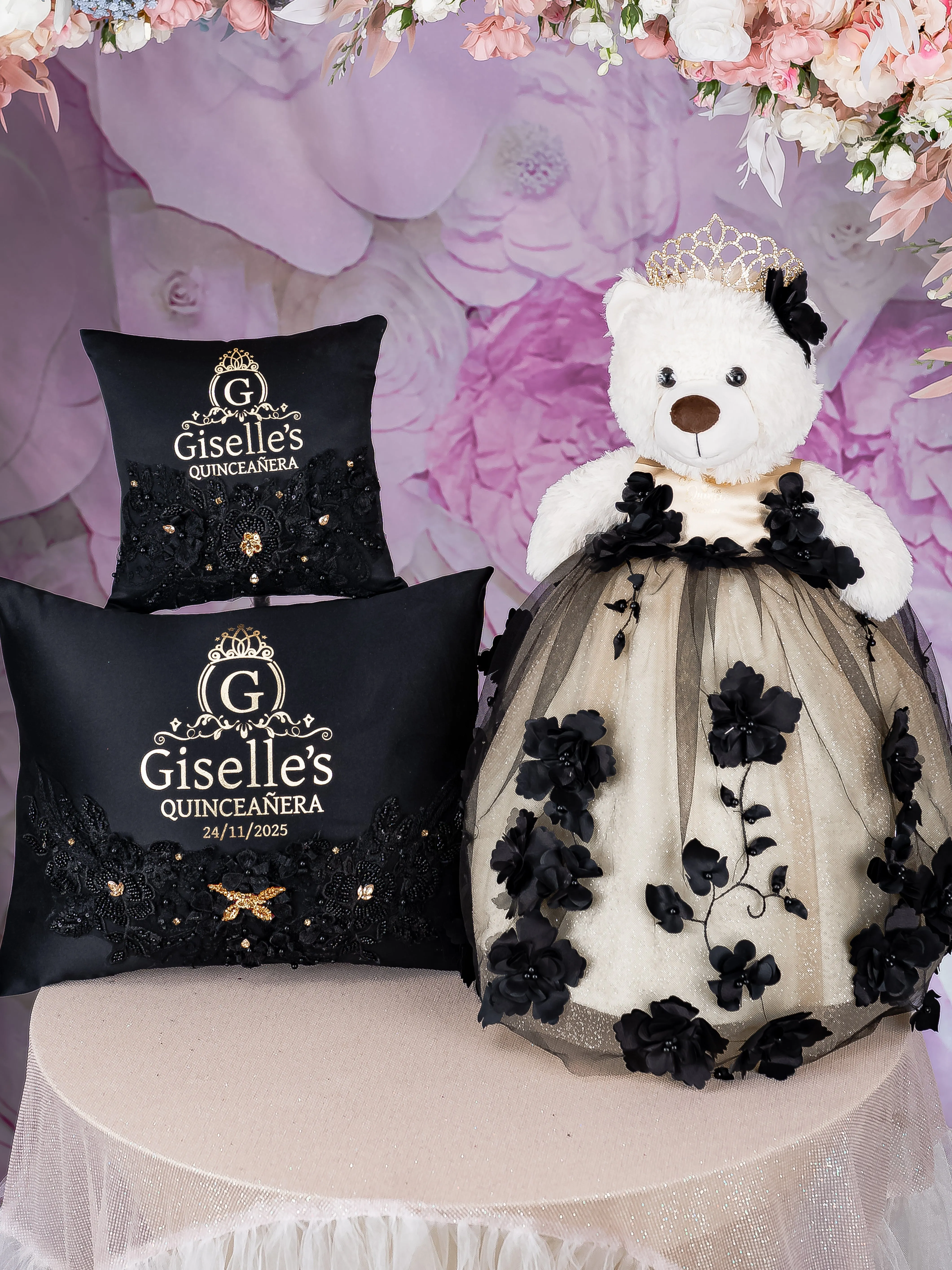 Black Quinceanera pillows set and teddy bear