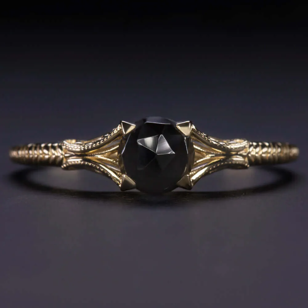 BLACK SPINEL SOLITAIRE RING 14k GOLD 5mm ROSE CUT VINTAGE STYLE DAINTY PROMISE